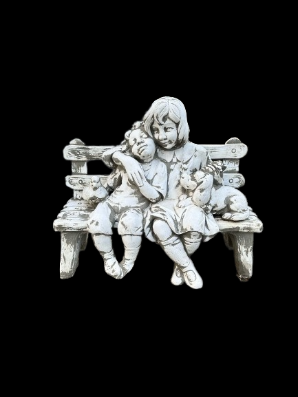 Boy & Girl with Dog & Bird On Bench